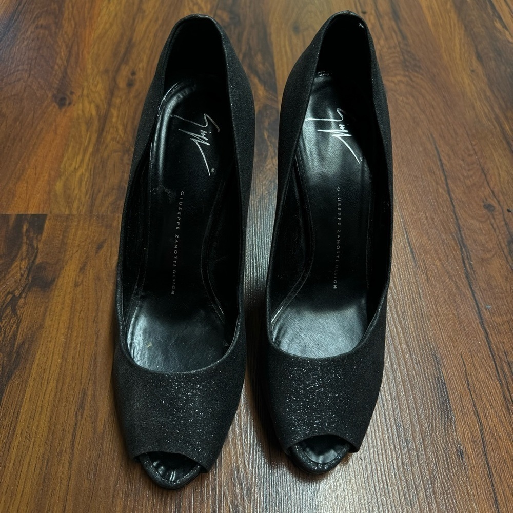 Giuseppe Zanotti Black Glitter Peep Toe Heels EU 40 US 9.5